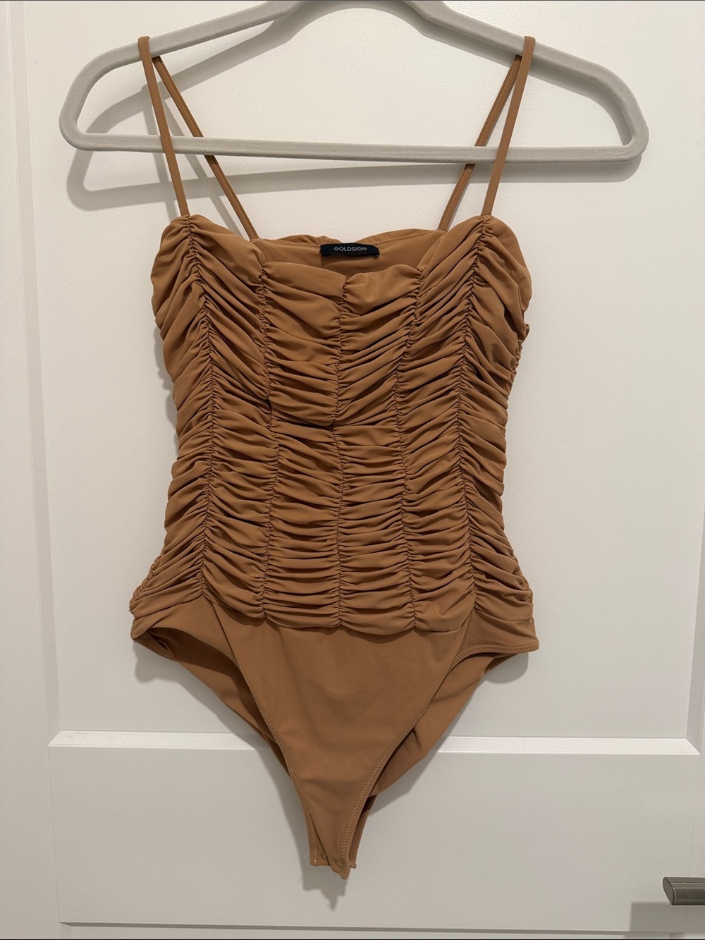 Goldsign Ruched One-Piece Bodysuit in Camel Brown